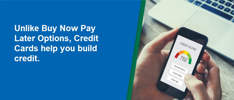 Unlike Buy Now Pay Later Options, Credit Cards help you build credit - person holding a cell phone showing their credit score